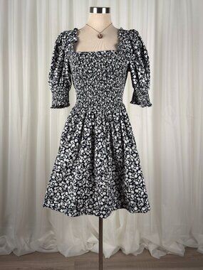 MSK Smocked Floral Puff Sleeve Mini Dress Cottagecore Prairie Navy White Size L
